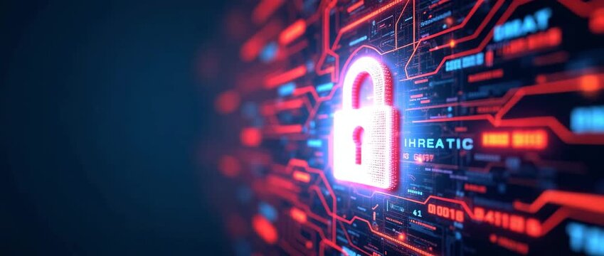 Futuristic digital lock icon pulses with light, surrounded by dynamic data streams; camera gently pans across a vivid, high-tech landscape in a cinematic cybersecurity concept.