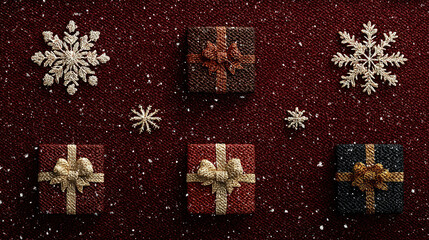 Obraz premium Small wrapped gift boxes and snowflake decorations on a red glittery background.