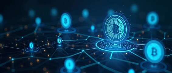 Blockchain network glowing with Bitcoin symbols; coins gently rotate as the camera slowly pans, capturing the futuristic digital currency landscape in a cinematic, high-tech ambiance. - Powered by Adobe