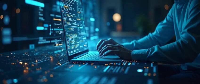 Innovative software developer types code on a laptop in a dimly lit high-tech office; camera gently tracks the scene as digital data flows dynamically, emphasizing a cinematic tech-driven ambiance.