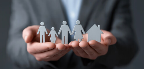 Professional hands presenting family figures beside house symbolizing comprehensive insurance protection services.