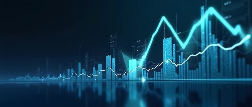 Cinematic stock market visualization with dynamic data lines pulsing, camera slowly panning across glowing digital charts, capturing financial growth and analytics in a futuristic style.