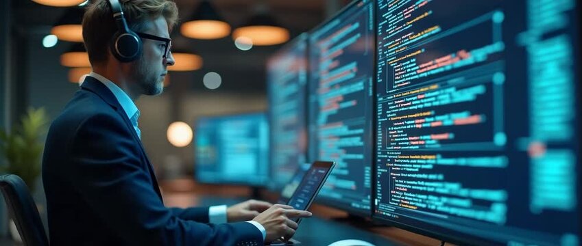 Focused software engineer codes in modern office, screens flicker with colorful code; camera slowly pans, capturing dynamic workspace in a cinematic, tech-driven atmosphere.