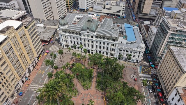 Aerial View of Cali's Historic Center: Caicedo Square, Culture Palace, and Tobacco Building