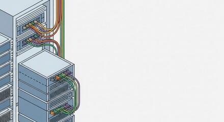 Detailed illustration of server racks with colorful cables