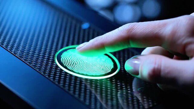 Close-up of a fingertip pressing a glowing circular fingerprint scanner on a textured dark panel pad