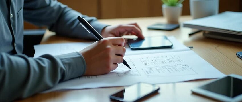 Architect designs blueprints in a modern office, hand sketching with pen on paper; camera gently pans, capturing ambient light flicker, creating a cinematic, professional atmosphere.