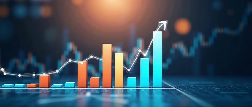 Dynamic bar graph animation rises steadily, with glowing lights flickering softly in the background, as the camera executes a slow cinematic pan, perfect for financial growth visualization.