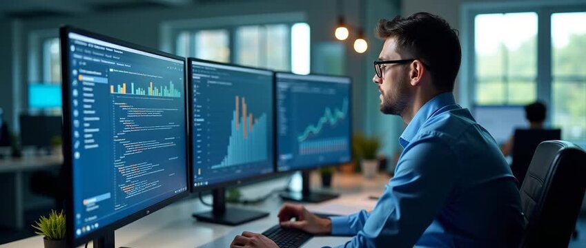 Focused software developer analyzing data on multiple monitors in a modern office; steady tracking shot with ambient light flicker adds a cinematic, professional touch.