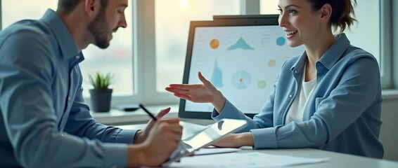 Two professionals engage in a focused business meeting, exchanging ideas with animated gestures, as the camera gently pans across a modern office backdrop, creating a cinematic and collaborative atmos