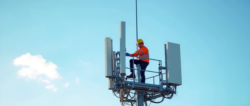 Engineer maintaining communication tower; slow pan reveals clear sky; gentle breeze sways cables; cinematic, industry-focused scene.