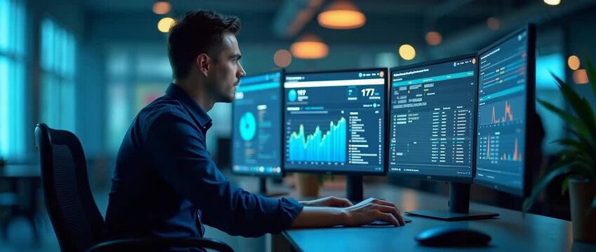 Focused financial analyst working at a computer desk with data charts, screens glowing softly; camera gently pans, capturing the modern office ambiance in cinematic style.