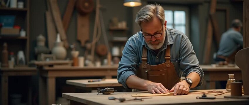 Skilled artisan meticulously carves wood in a rustic workshop, as the camera gently pans, capturing ambient light flickering; cinematic, craftsmanship, woodworking, artisan skills, serene.