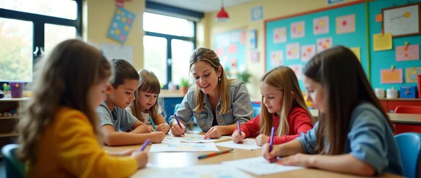 Teacher guides children in creative drawing, classroom lights softly flicker, camera slowly pans across the room, capturing a nurturing educational environment with bright, cheerful decor.
