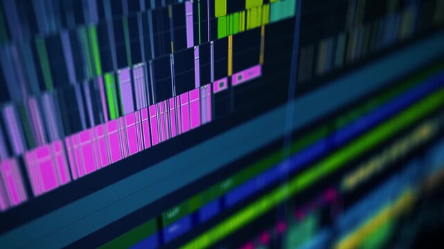 Close-up view of a cinematic video editing timeline interface with multitrack audio and video layers in professional post-production software for filmmaking and content creation