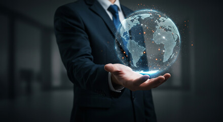 Businessman holding digital globe representing global connectivity and technology