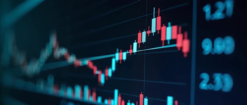 Dynamic stock market chart with fluctuating candlesticks, cinematic slow pan capturing financial data analysis, creating a compelling visual for business presentations.
