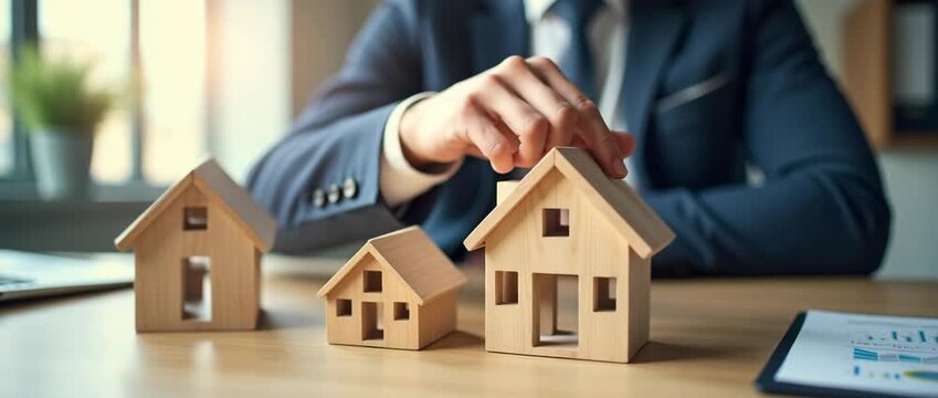 Professional hand adjusts wooden house models on an office desk as camera slowly pans, highlighting real estate investment strategies in a cinematic, business-focused setting.