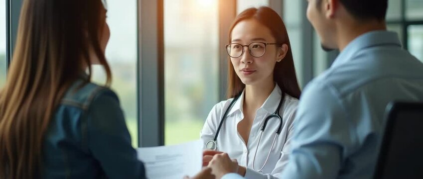 Friendly doctor consults with smiling patients in a sunlit office, as the camera smoothly pans to capture their interaction, creating a warm, cinematic healthcare scene with ambient light motion.