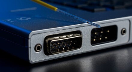 Closeup of Serial Ports on Electronic Device for Data Transfer.