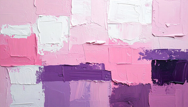 Textured wall painted with pink, purple and white layers, abstract artistic backdrop, rough surface