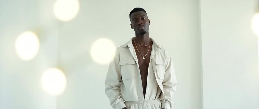 Confident man in stylish neutral outfit stands in a minimalist room; camera gently pans as soft light flickers, creating a serene, cinematic atmosphere perfect for fashion branding.