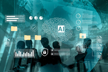 Business professionals engage in collaboration to explore artificial intelligence within a futuristic digital landscape, emphasizing data analysis and teamwork. Gantry
