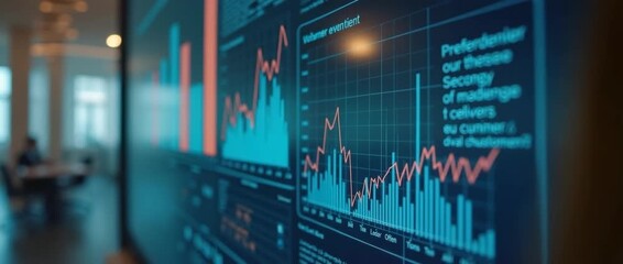 Dynamic business analytics dashboard with bar and line graphs in motion, as the camera steadily tracks across a modern office setting, featuring a cinematic style and ambient lighting. - Powered by Adobe