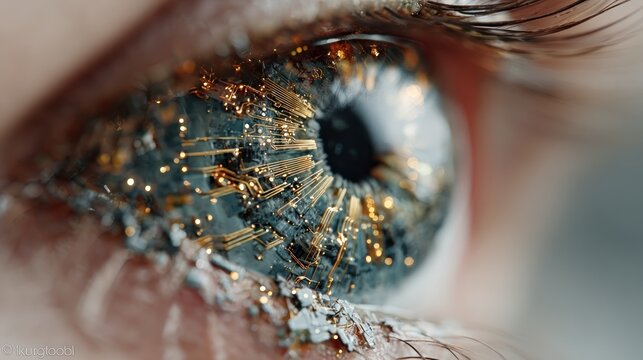 Close-up of a human eye, digitally enhanced with intricate circuit board patterns