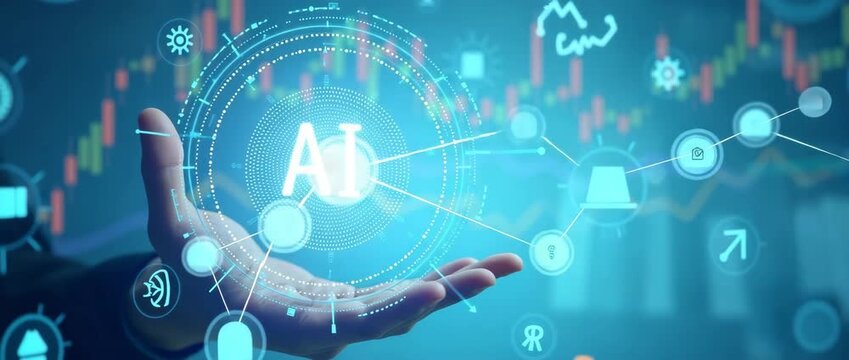 Futuristic AI technology concept with a digital interface hovering above a hand, showcasing dynamic data flow; camera gently pans, highlighting innovation and digital transformation in a cinematic sty