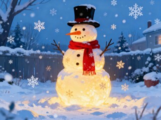 Fototapeta premium Snowman with glowing lights in a snowy backyard during winter night