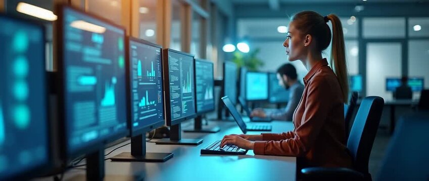 Focused professionals work diligently at computer monitors in a modern office, with a steady camera pan capturing ambient light flicker, in a cinematic, tech-driven environment.
