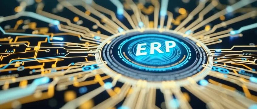 Futuristic ERP system interface with dynamic data flow, camera slowly panning across glowing circuit lines in a cinematic style, emphasizing digital transformation and technology integration.