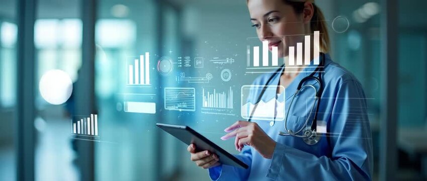Healthcare professional interacts with digital tablet, data graphics animate, camera slowly tracks right, modern hospital setting, cinematic style.