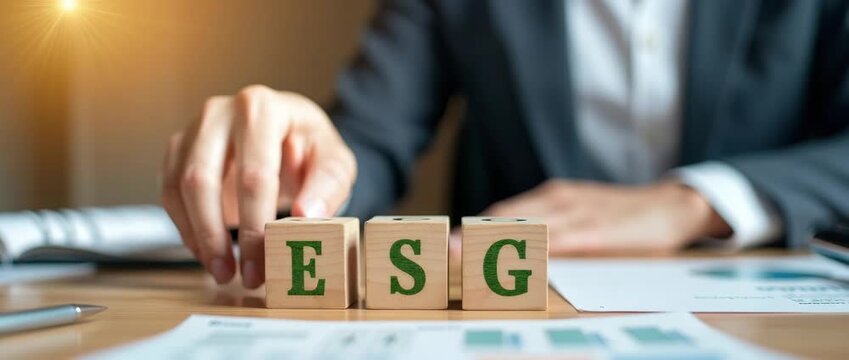 Business professional arranging ESG blocks on a wooden desk with analytical documents as camera slowly pans, light gently flickers; cinematic focus on sustainable finance and corporate strategy.