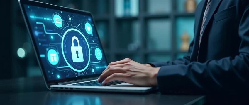 Business professional typing on a laptop with holographic cybersecurity icons, as the camera slowly pans to reveal a modern office, creating a sleek, futuristic ambiance.