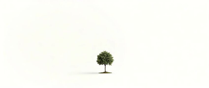 Solitary tree sways gently in the breeze, amid vast white space, with a slow cinematic pan, emphasizing nature's tranquility, minimalism, and serene simplicity.