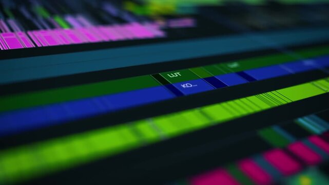 Close-up view of a cinematic video editing timeline interface with multitrack audio and video layers in professional post-production software for filmmaking and content creation