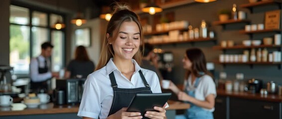 Smiling barista in a cozy coffee shop serves customers, while gentle ambient light flickers and the camera pans slowly in a cinematic style, highlighting the friendly atmosphere and modern design.