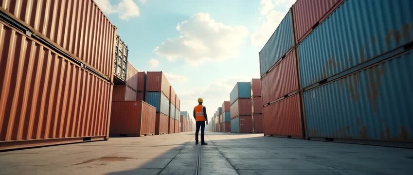 Worker inspects towering shipping containers as the camera slowly tracks forward, clouds gently drift, in a cinematic scene conveying logistics and global trade.