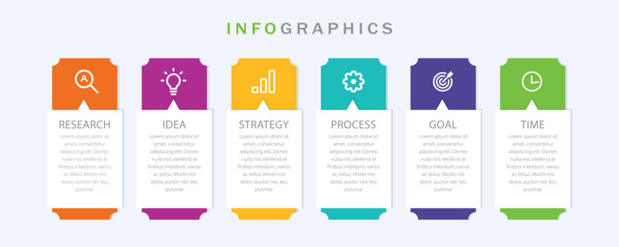 Concept of arrow business model with six successive steps. Six colorful graphic elements. Timeline design for brochure, presentation. Infographic design layout