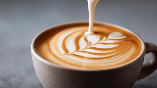 This image features a barista pouring steamed milk to create elegant latte art on a fresh cup of coffee. The detailed leaf pattern and smooth crema highlight the artistry of modern coffee culture