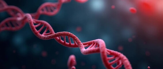 Cinematic DNA helix spins gracefully amidst floating blood cells, with a slow camera pan enhancing the dynamic, scientific backdrop, perfect for biotechnology and medical research themes. - Powered by Adobe