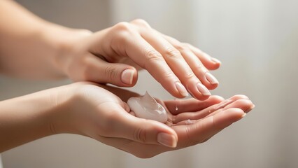 Hands applying white lotion skincare
