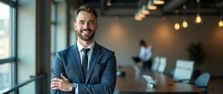 Confident business professional smiles in modern office as camera gently pans, capturing ambient light flicker and subtle background movement; cinematic, corporate atmosphere.