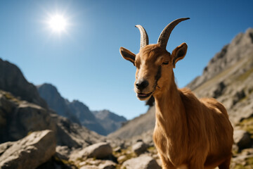 Obraz premium AI generated image of a goat standing on rocky terrain with a bright blue sky and sun above, in a mountainous landscape. Perfect for nature and wildlife content.