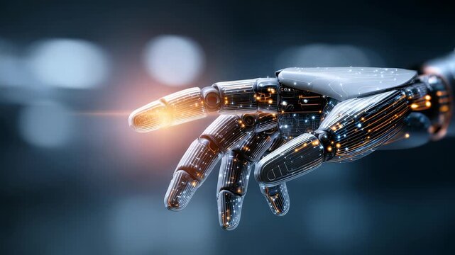 Close up of a sleek robotic hand with glowing elements, symbolizing the future of AI and robotics. Modern digital background highlights innovation, automation, and technological advancement