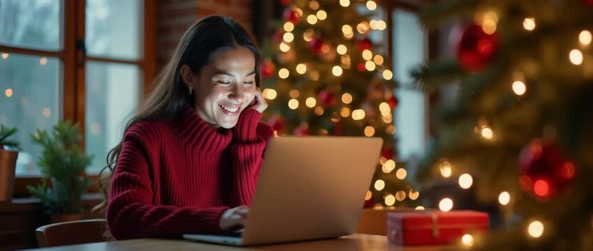 Woman in cozy red sweater types on laptop, surrounded by festive Christmas decor; camera gently pans as tree lights twinkle softly, creating a warm, inviting cinematic holiday atmosphere.