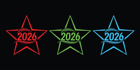 Obraz premium 2026 Neon Star Badge Set - Red Green Blue Outline Stars with Eye Symbol on Black Background Vector Illustration