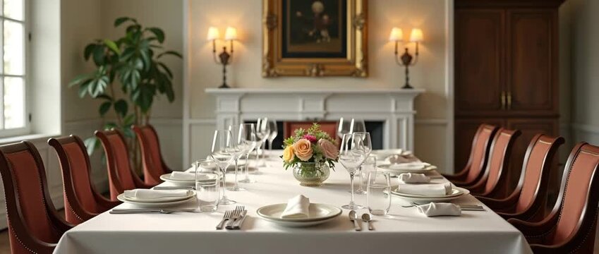 Elegant dining room table set for a formal dinner, with gentle flickering candlelight and a slow pan across the room, capturing a sophisticated, cinematic ambiance.